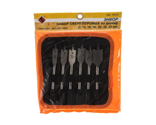Набор сверл перовых (6 шт; 12-25х152 мм) по дереву Энкор 19121