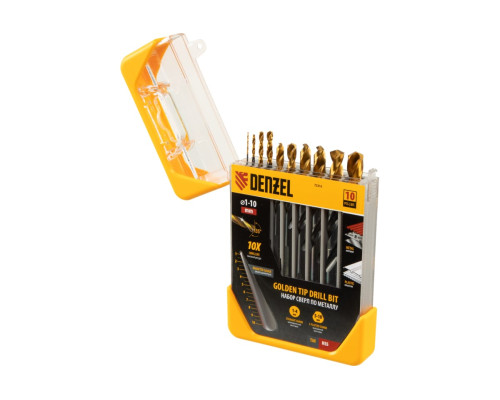 Набор сверл по металлу Golden Tip 1-10 мм, HSS-Tin, 10 шт Denzel 72316