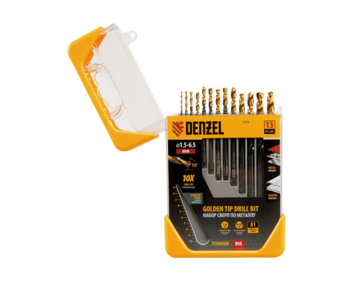 Набор сверл по металлу Golden Tip 1.5-6.5 мм, HSS-Tin, 13 шт Denzel 72318