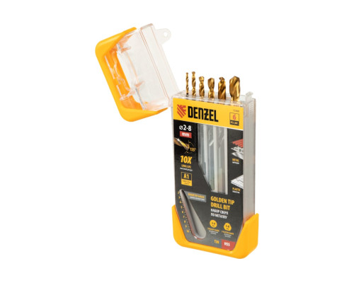 Набор сверл по металлу Golden Tip 2, 3, 4, 5, 6, 8 мм, HSS-Tin, 6 шт Denzel 72300