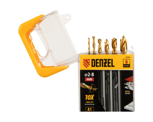 Набор сверл по металлу Golden Tip 2, 3, 4, 5, 6, 8 мм, HSS-Tin, 6 шт Denzel 72300