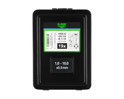 Набор сверл по металлу HSS-G 19 шт, 1-10 мм x 0.5 мм, DIN 338, шлифованные D.BOR D-TD-338-HSS-MS1-19
