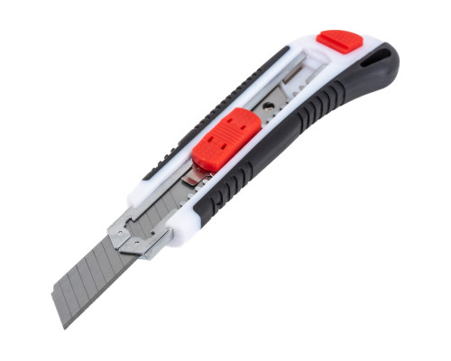 Нож со сменными лезвиями Монтажник обрезиненный, 3 лезвия 18мм с автозаменой, ABS+TPR, стопорный винт сзади 600506
