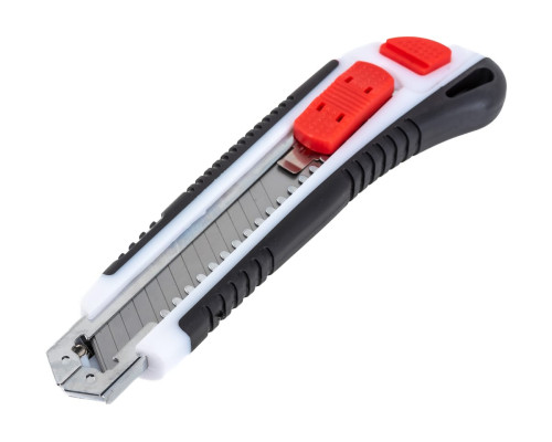 Нож со сменными лезвиями Монтажник обрезиненный, 3 лезвия 18мм с автозаменой, ABS+TPR, стопорный винт сзади 600506