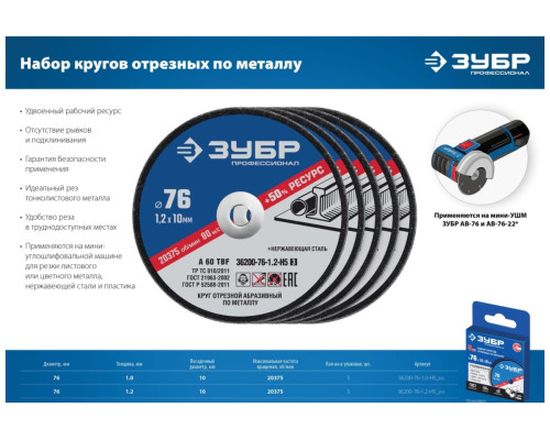 Отрезные круги по металлу ЗУБР X-2 5 шт, 76x1.2x10 мм 36200-76-1.2-H5_z03