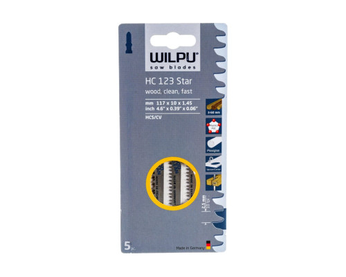 Пилка по дереву HC 123 (5 шт; 117х10х1.45 мм; 91 мм; 10 TPI; HCS/CV) WILPU 210500005