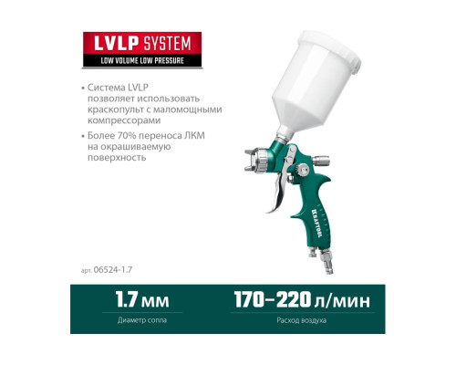 Пневматический краскопульт c верхним бачком KRAFTOOL AirFlat LVLP 06524-1.7