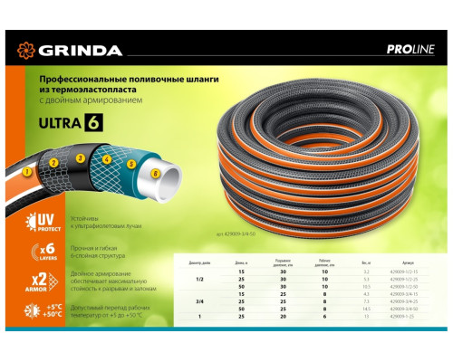 Поливочный шестислойный шланг Grinda Proline ultra 6 1/2", 50 м, 30 атм, двойное армирование 429009-1/2-50