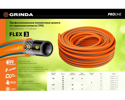 Поливочный шланг Grinda PROLine FLEX 3 3/4", 15 м, 20 атм 429008-3/4-15