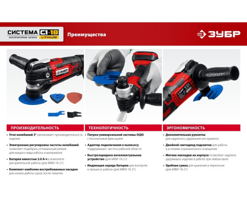 Реноватор ЗУБР 18 В, 1 АКБ (2 Ач), набор насадок, сумка МФИ-18-21