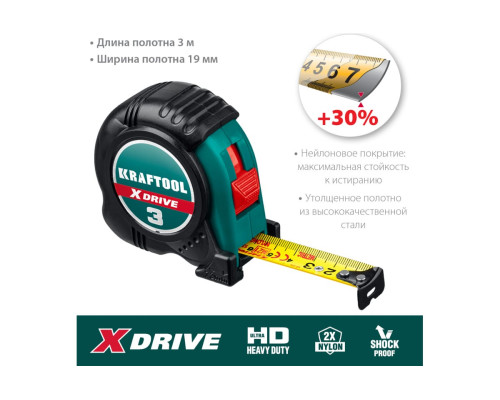 Рулетка KRAFTOOL X-Drive 3м/19мм с ударостойким обрезиненным корпусом 34122-03-19_z02