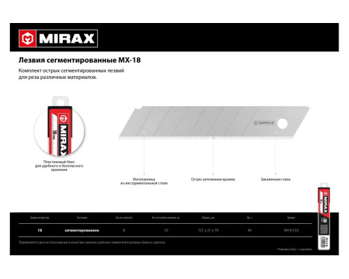 Сегментированные лезвия MIRAX MX-18 18 мм, 10 шт 0914-S10