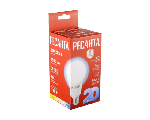 Светодиодная лампа Ресанта LL-R-A80-20W-230-6K-E27 груша, 20Вт, холодный, Е27 76/1/76 Светодиодная лампа Ресанта LL-R-A80-20W-230-6K-E27 груша, 20Вт, холодный, Е27 76/1/76