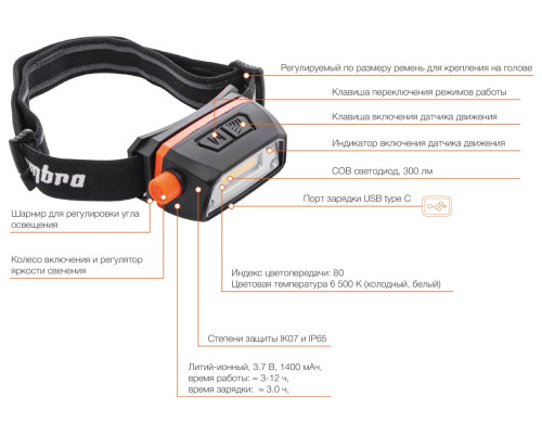 Светодиодный аккумуляторный налобный фонарь Ombra A90063 с сенсором и световым пучком 300 Лм 059103