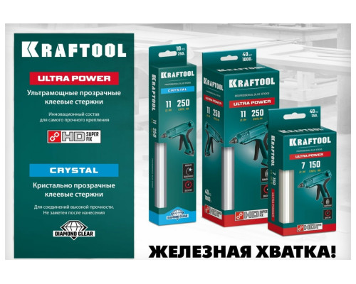 Ультрамощные прозрачные клеевые стержни KRAFTOOL Ultra Power 10 шт, 11x250 мм 06848-10 Ультрамощные прозрачные клеевые стержни KRAFTOOL Ultra Power 10 шт, 11x250 мм 06848-10
