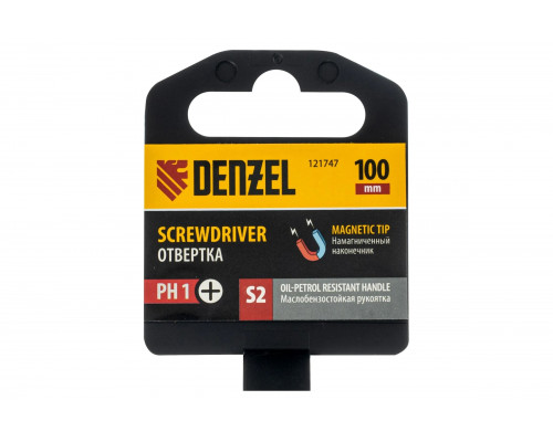Отвертка Denzel PH1x100 мм, S2, трехкомпонентная рукоятка 121747