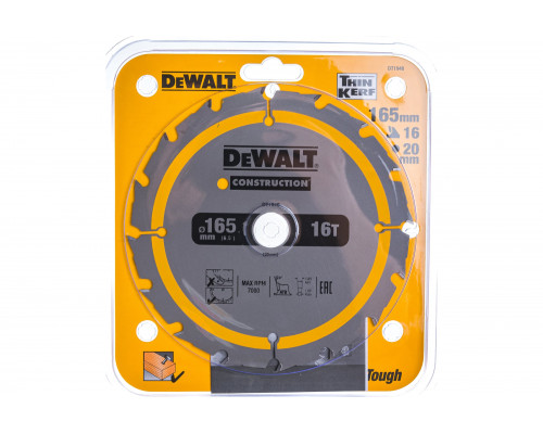 Пильный диск CONSTRUCT 165х20 мм, 16Т, ATB +24град DEWALT DT1948