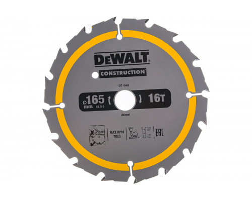 Пильный диск CONSTRUCT 165х20 мм, 16Т, ATB +24град DEWALT DT1948