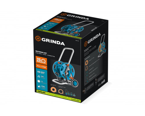 Поливочный набор Grinda HCK-25, шланг 25м x 1/2, 4 предмета, усиленные колеса, телескопическая ручка, катушка со шлангом в комплект ProLine 428461