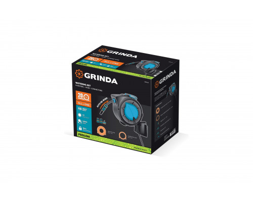 Катушка автоматическая Grinda HRA-20, шланг 20м x 1/2, на поворотном кронштейне настенная, поливочный набор 4 предмета, ProLine 428470