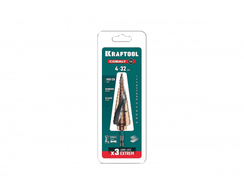 Сверло ступенчатое KRAFTOOL Cobalt 4-32мм, 15 ступеней 29691-4-32-15