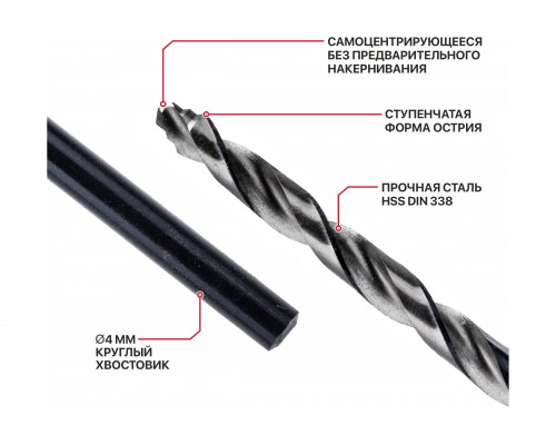 Сверло по металлу самоцентрирующееся P.I.T. серия DRUA HSS, 4х75x43 мм, SharkStep AMED16-0004